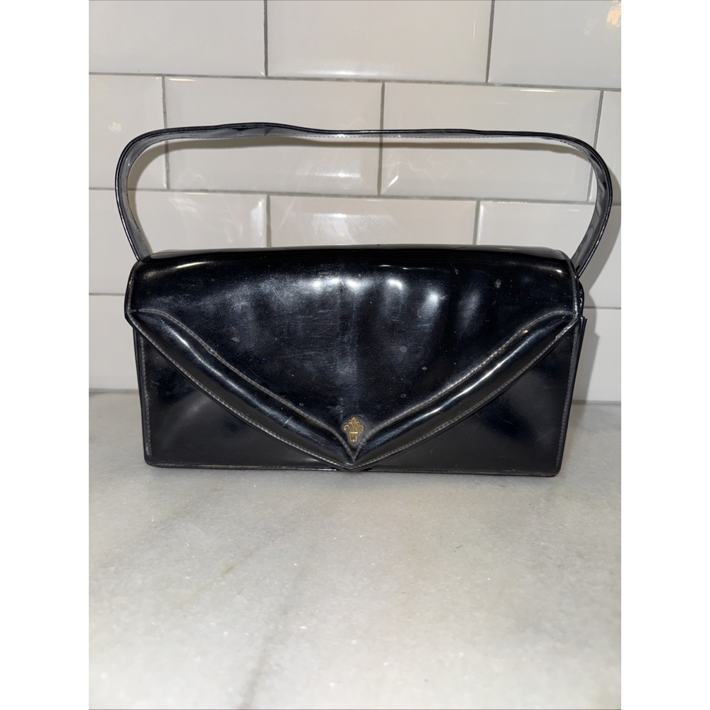 Vintage Lennox Black Pocketbook‎ Patent Leather Look Handbag Clutch Purse GWB002